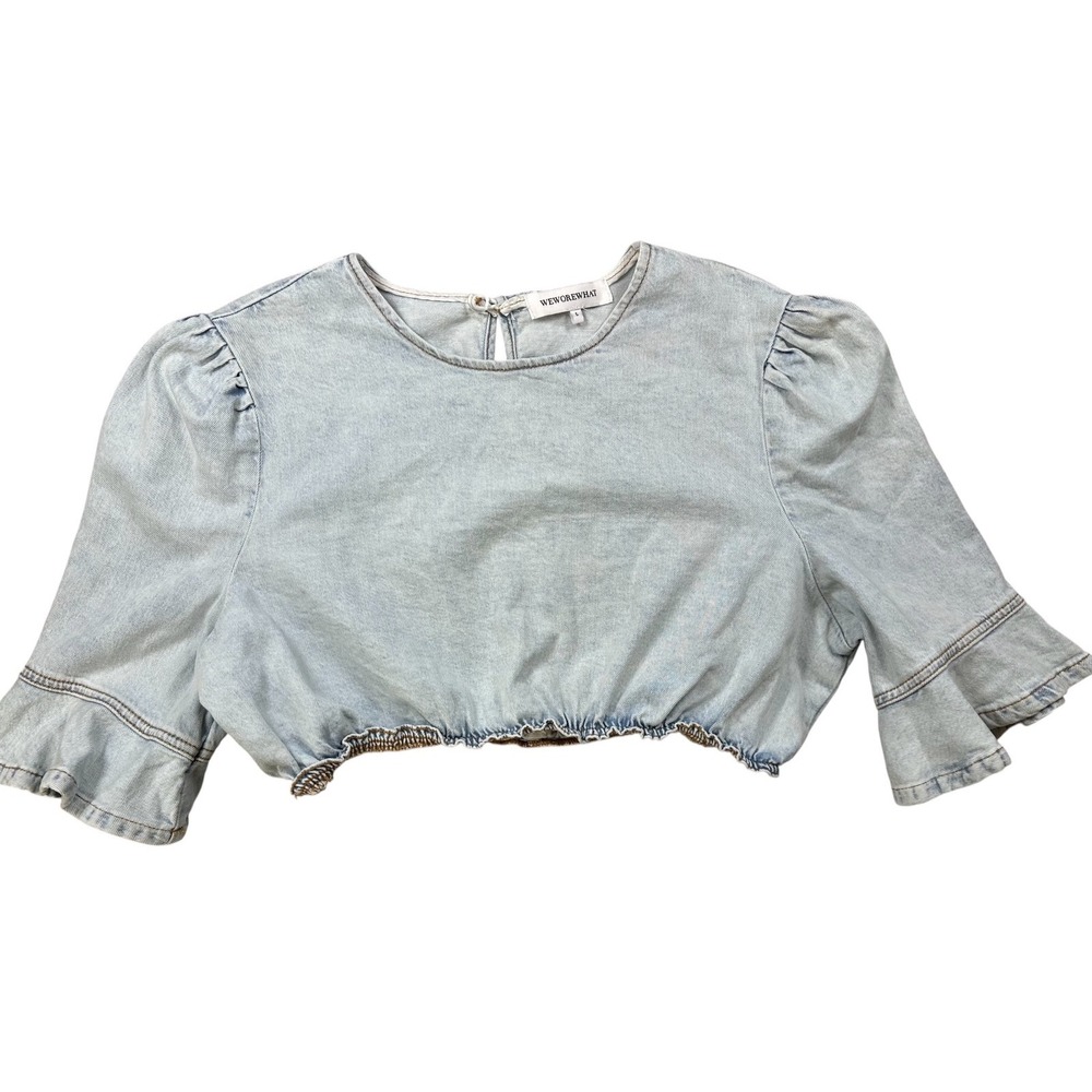 WE WORE WHAT Light Blue‎ Acid Wash Denim Crop Top 3/4 Bell Sleeves Women's Large